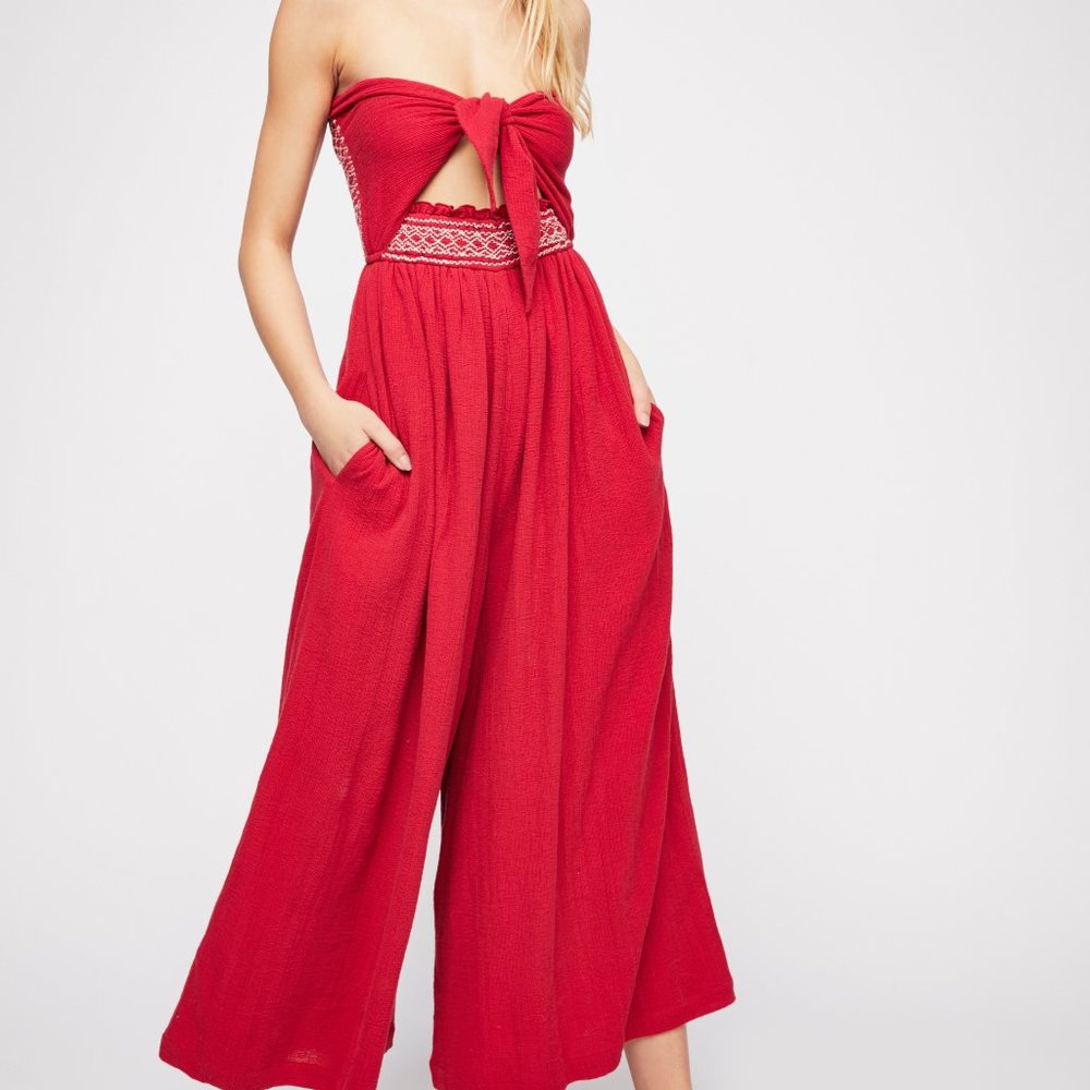 Free People Carmen Convertible Embroidered Bandeau Jumpsuit | Size S | Red